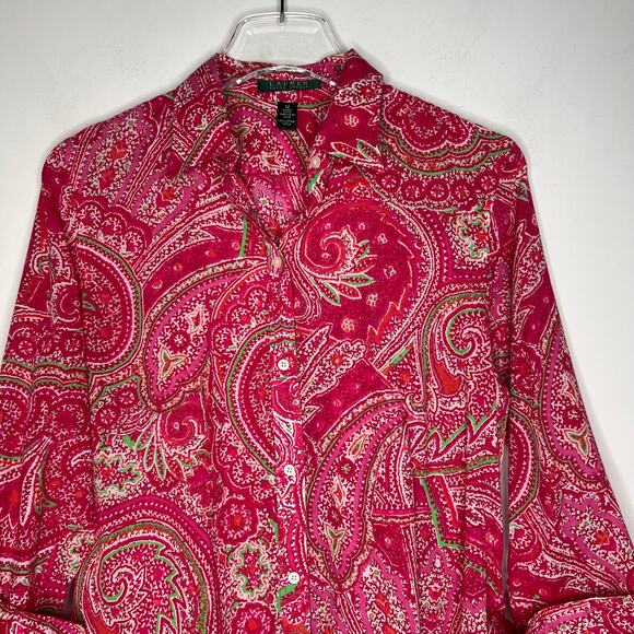 Lauren Pink Cotton Paisley Lightweight Button Down Blouse Shirt Medium - Picture 3 of 5